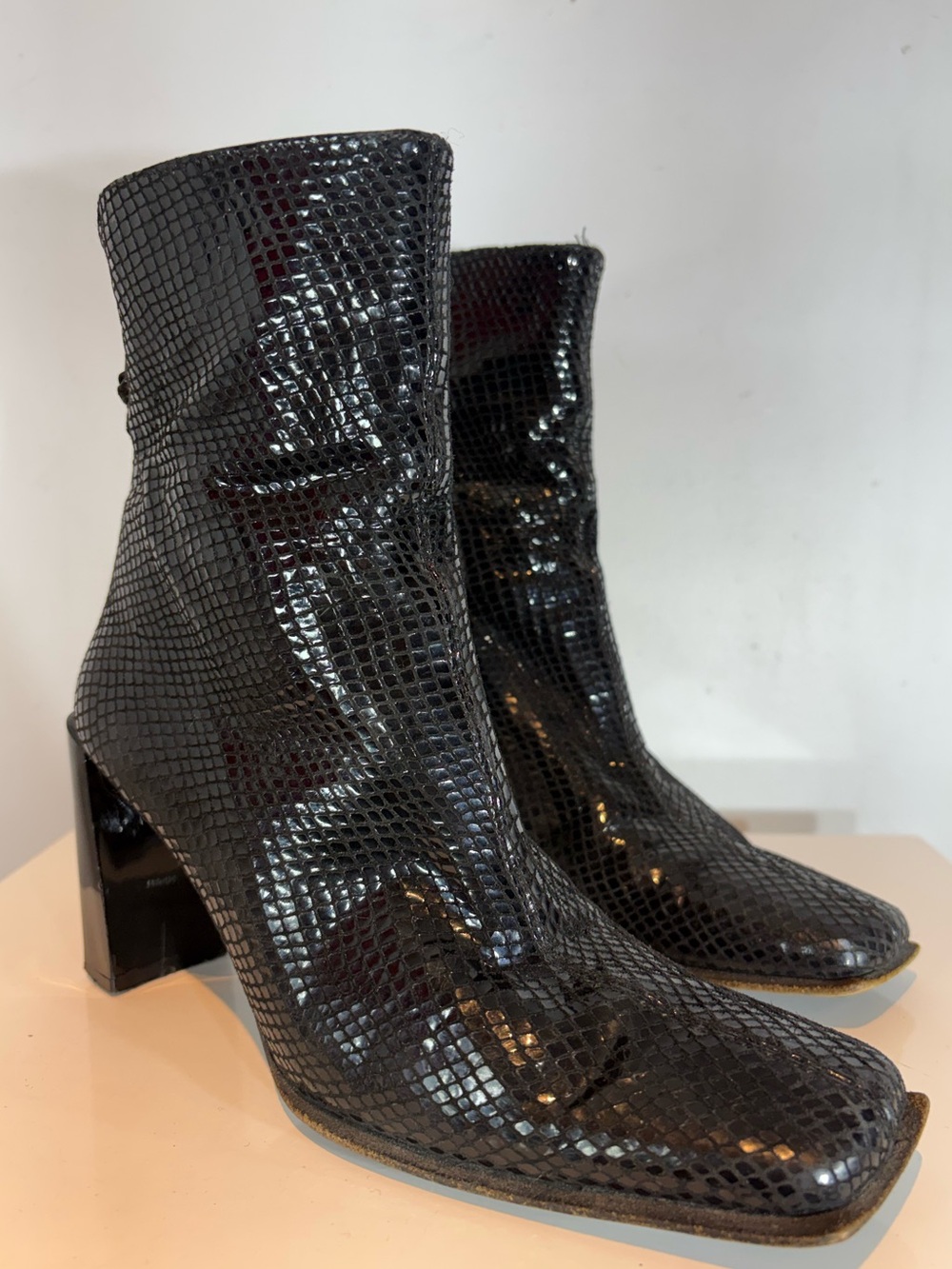 Stuart Weitzman Black Snake Embossed Leather Square Toe Block Heel Boots size 6